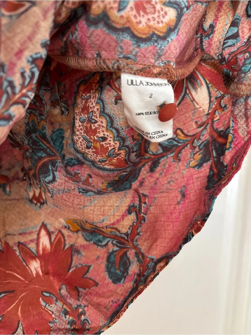 ULLA JOHNSON Dina Top in‎ Coral Bloom Size 2 Puff Sleeve Bib Collar 100% Silk